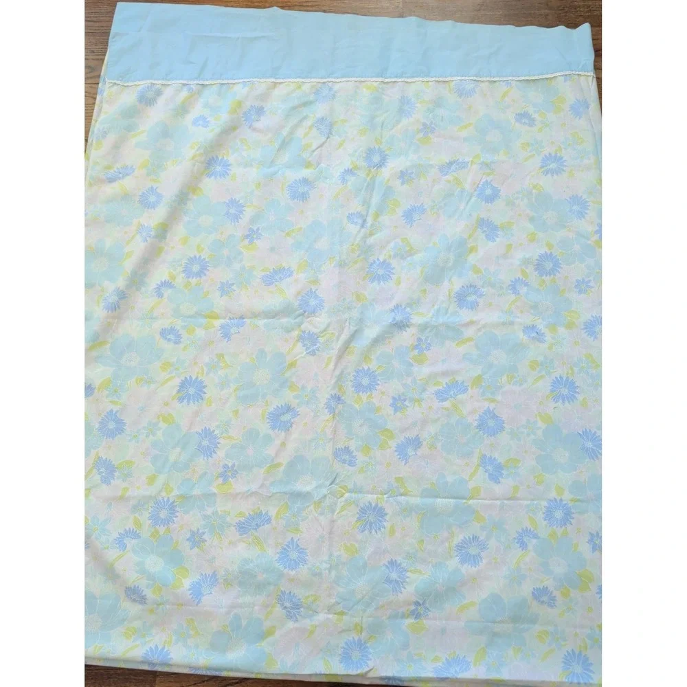 Vntg 70s Blue Floral Double/Full Flat Sheet Cuff W/Lace Flower Power Hippie